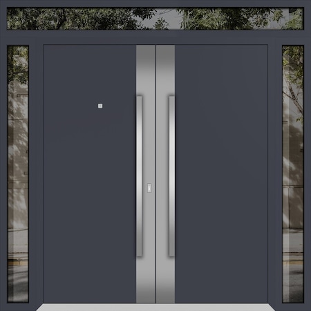Vdomdoors Metal Double Doors Deux 0729 Gray Graphite Stainless Steel Insert 2 Sidelights and Top Transom Entr DEUX0729DEXD-GRE-W14+72+14xH80+12-RH-O