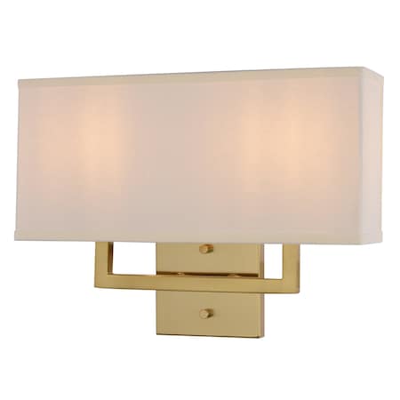 Vaxcel Glenview 2L Satin Brass Gold Wall Sconce, White Fabric Shade, ADA Vanity W0552