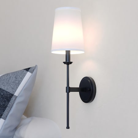 Vaxcel Camden 1 Light Matte Black Wall Sconce Fixture White Linen Fabric Shade, LED Compatible W0447