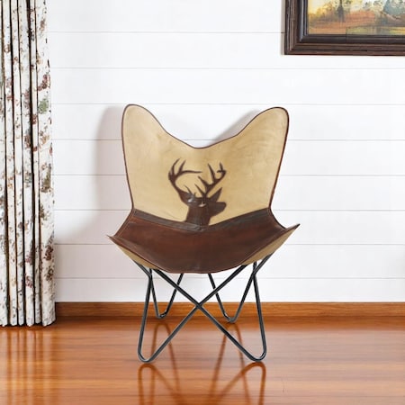 Homeroots 30" Brown And Tan Canvas And Leather Deer Stag Butterfly Chair 548251