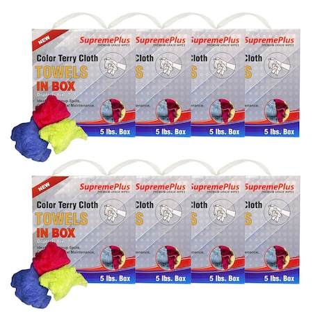 Supremeplus New Color Terry Towel Cleaning Rags, 5 lbs. Compressed Box, Pack of 8, 4PK SP-0249