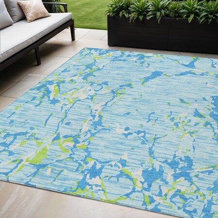 Homeroots 5' X 8' Sky Blue Green And Ivory Striped Washable Indoor Outdoor Area Rug 600925