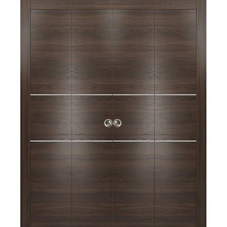 Sartodoors Sliding Closet Double Bi-fold Doors, Planum 0110 Chocolate Ash and Aluminum Strips, Sturdy Tracks M PLANUM0110DBF-CA-96 x 80 (4* 24x80)