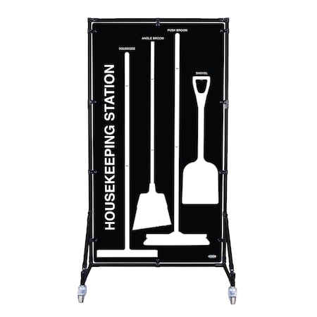 5S Supplies Housekeeping Shadow Board Broom Station V6, Black / White Shadows, Broom Stand HSB-V6-BLACK/WHITE-BO-STAND