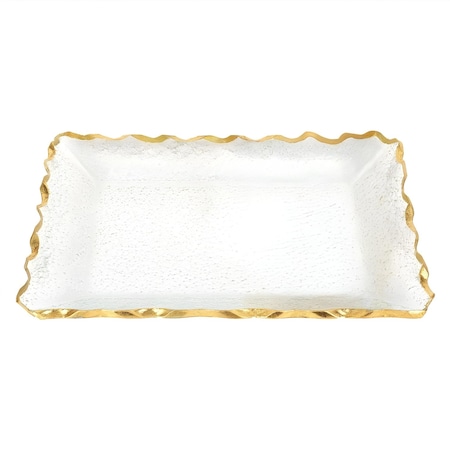 Homeroots 14in Clear and Gold Bubble Glass Scalloped Rim Rectangular Tray 390098