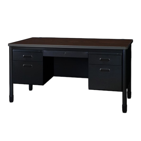 Regency Steel Double Pedestal Teacher's Office Desk, Center Drawer 60inx30in, Neo Walnut Top, Black Base 66266DPCDNWBK