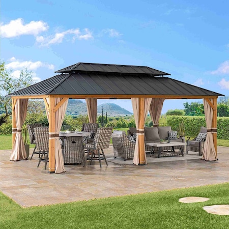 Sunjoy 12x20 ft. Wood Gazebo, Outdoor Patio Steel Hardtop Gazebo, Cedar Framed Wooden Gazebo, Dark Brown A1020326R1