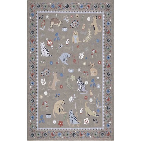 Jonathan Y Catmosphere Festive Feline Floral Border Non-Slip Machine-Washable Taupe 3 ft. x 5 ft. Area Rug ANM100B-3