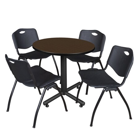 Regency Round Kobe Breakroom Table W/ 4 M Stack Chairs, 30 in W, 30 in L, Neo Walnut TKB30RNDNW47BK