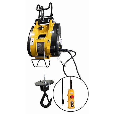Oz Lifting Products Electric Wire Rope Hoist, 500 lb, 90 ft, Hook Mounted - No Trolley, 115V AC, Yellow OBH500