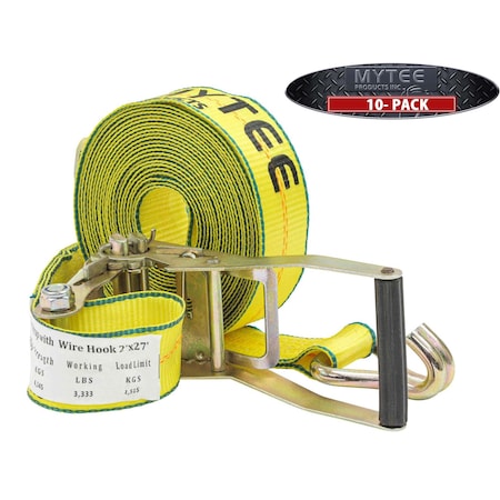 Mytee Products 2in x 27ft Ratchet Tie-Down Straps w/ Wire Hook 10000 Lbs Capacity, 10PK RS227WHx10