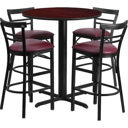 Flash Furniture Round Mahogany Bar Table, X-Base, Burg Seats, 24", Laminate Top, Wood Grain HDBF1038-GG