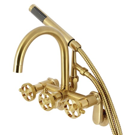 Kingston Brass 7-Inch Adjustable Wall Mount Clawfoot Tub Faucet with Knurled Handle and Hand Shower, Brushed Brass AE8157RKX