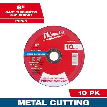 Milwaukee Tool Cut-Off Wheel, 7/8" Sz, 6" dia., PK10 49-94-0121