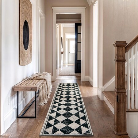 World Rug Gallery Geometric Bohemian Runner Rug 2 ft 3 in x 12 ft Black WR99BLACK2X12