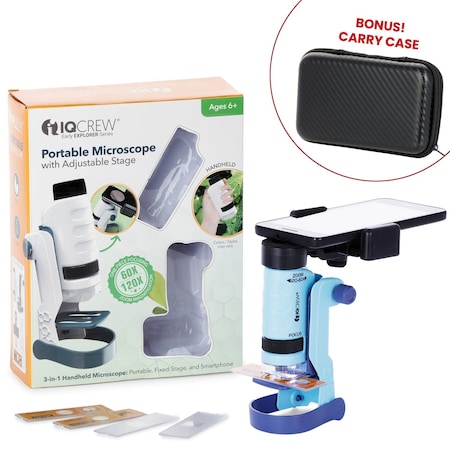 Amscope IQCrew By 60X-120X Portable LED Kid's Handheld Microscope Kit w/Smartphone Mount, Slides and BONUS C HH612