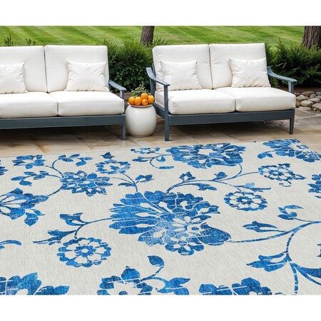 Homeroots 9' X 12' White And Denim Blue Floral Washable Indoor Outdoor Area Rug 589516