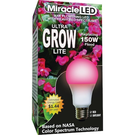 Miracle Led Ultra Grow 150W Equivalent Red & Daylight Spectrum A19 Medium Base LED Plant Light Bulb 605036