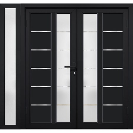 Vdomdoors Front Exterior Prehung Metal-Plastic Double Doors / MANUX 8088 Matte Black / Sidelite Exterior Wind MANUX8088DEXD-BLK-RH-W72+16xH80