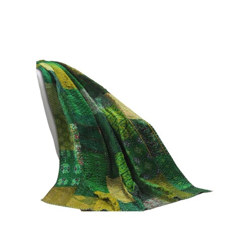 Homeroots 50" X 70" Green Patchwork Silk Quilted Kantha Throw Blanket with Embroidery 516588