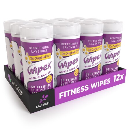 Wipex Natural Yoga Mat Wipes 50ct Canister, Fresh Lavender, Plant-Based, 600 Gym Equipment Wipes, 12PK WX11125FN-12
