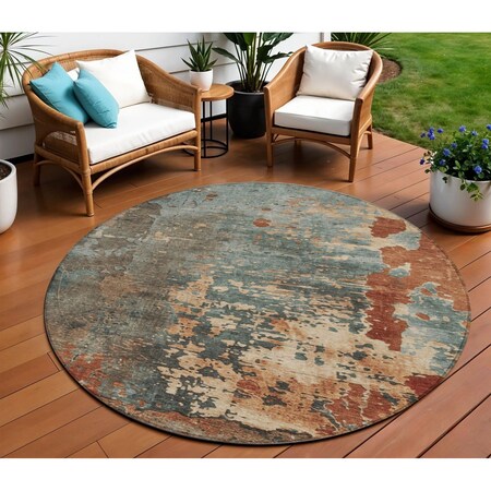 Homeroots 8' Pale Aqua Copper And Beige Round Abstract Washable Indoor Outdoor Area Rug 618234