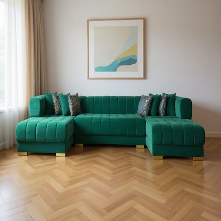 Homeroots Green Velvet U Shaped Three Piece Sofa and Chaise Sectional With Toss Pillows 643887