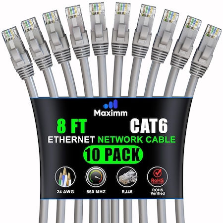 Maximm Cat6 Ethernet Cable 8ft 10Gbps 550MHz UTP, 10PK, Gray, 10PK CAT6CCA-8FTGR-10PK