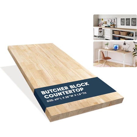 Allforwood Rubberwood Hevea Butcher Block Countertop 5ft x 25 in, 1.5 in Thick Unfinished Solid Wood 805668