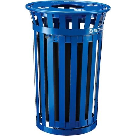 Global Industrial Outdoor Steel Slat Recycling Trash Can, Access Door and Flat Lid, 36 Gal, Blue B3178689