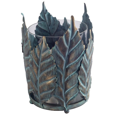 Homeroots 8" Gold Distressed Botanical Leaf Metal And Glass Tabletop Hurricane Candle Holder 608513