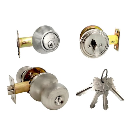 Ecs Hardware Durable Combo Lockset w/ Single Knob & Deadbolt, Entrance, Satin Nickle, Grade 3 SC1 ECSH-37805-SN-SC1