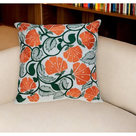 Homeroots 22" Orange and White Floral Cotton Throw Pillow With Embroidery 529293