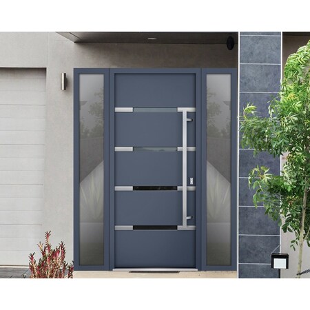 Vdomdoors Steel Door Deux 1105 Gray Graphite 2 Sidelight Exterior Windows Stainless Inserts Single Modern Pai DEUX1105EXD-GRE-W12+36+12xH80-LH-O