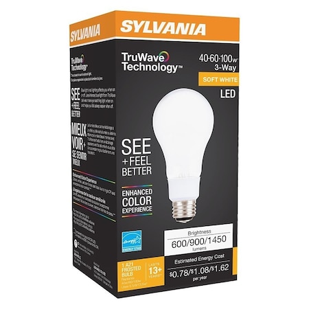 Sylvania Natural LED Bulb, 3-Way, A21 Lamp, 40/60/100 W Equivalent, E26 Lamp Base, Dimmable, Frosted 40777