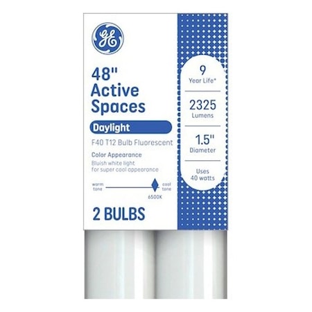 Ge Tube Light Bulb, 40 W, T12 Linear Lamp, G13 Bi-Pin Lamp Base, 2900 Lumens, 6500 K Color Temp, PK2 93130677