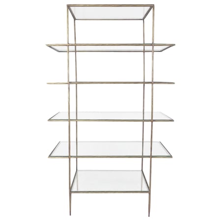 Homeroots 59" Antiqued Gold And Clear Iron and Glass Five Tier Etagere Bookcase 488874