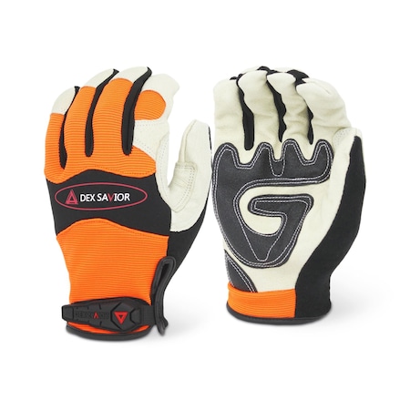 Dex Savior Pigskin Leather Palm, PVC Anti-Vibration Gel, HiVis Orange Spandex Back, Neoprene Knuckle, S, 12PK MG201 S
