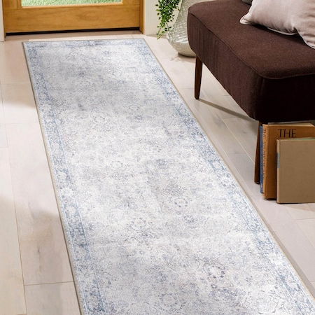 World Rug Gallery Transitional Bordered Vintage Machine Washable Non Slip Runner Rug 2 ft 6 in x 7 ft Blue 6026BLUE2X7