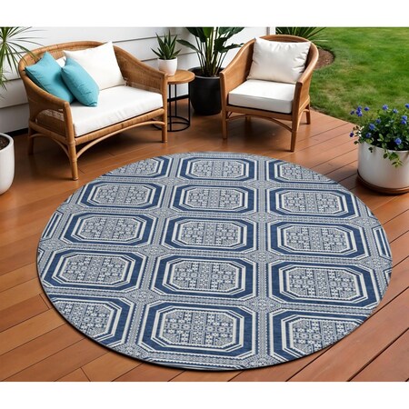 Homeroots 8' Navy Blue And Ivory Round Geometric Washable Indoor Outdoor Area Rug 610837