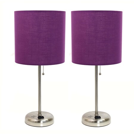 Homeroots Set of Two 20" Silver Metal Table Lamp With Purple Drum Shade 643211