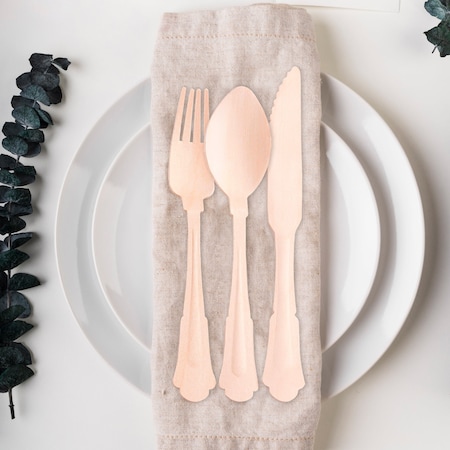 Smarty Had A Party Silhouette Birch Wood Eco Friendly Wooden Cutlery Set - Spoons, Forks and Knives (600 Guests), 1800PK 4667SPCS-CASE