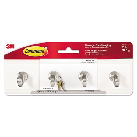 Command Decorative Key Rail, 8w x 1 1/2d x 2 1/8h White/Silver, PK4 HOM-18Q-ES