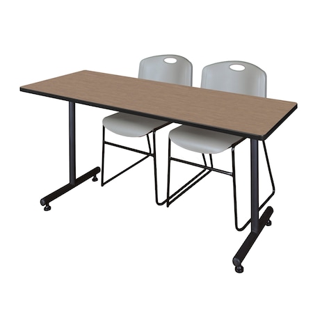 Regency Kobe T-Base Training Seminar Table W/ 2 Zeng Stack Chairs, 66 in W, 24 in L, Noble Oak MKTRCT6624NO44GY