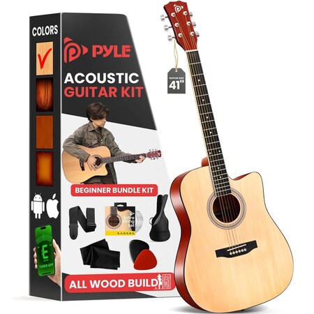 Pyle Steel String Acoustic Guitar Kit, 4/4 Full Size Cutaway All-Wood Guitarra Acustica with Premium PGSTGR007N2