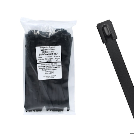 Cable Ties Unlimited Cable Tie, 7.9 in L, 300 lb Strength, 2 in Max Bundle Dia, Coated 316 Stainless Steel, Black, 100PK SSPCoated8-HD