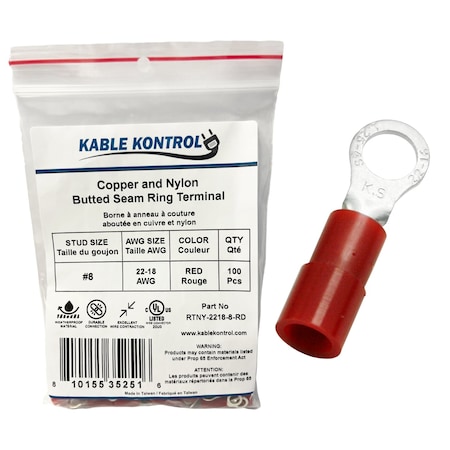 Kable Kontrol Ring Terminal, #8 Stud Size, 18 AWG, Nylon Insulated, Red, 100 PK RTNY-2218-8-RD