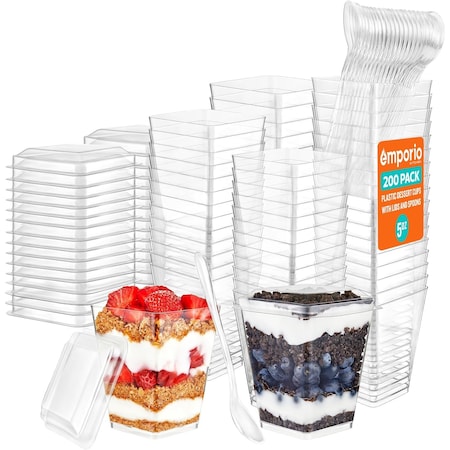 Emporio Kitchen 5oz Plastic Dessert Cups with Lids and Spoons, Clear, BPA-Free, Reusable, 200PK EMPKDC200