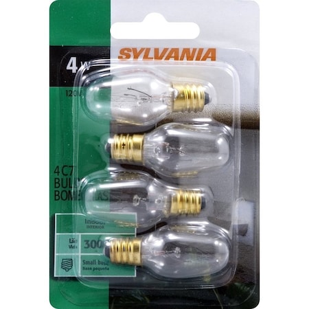 Sylvania 4W/C7/CLR/NLITE/4 Incandescent Lamp, 4W, Candelabra E12 Lamp Base, 2850K ColorTemp, 3000hr Average Life 13549