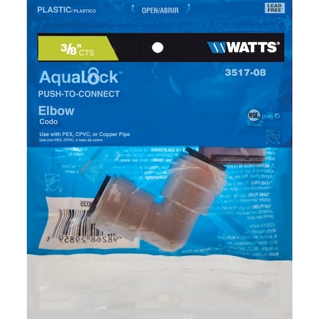 Watts 3/8'' x 3/8'' CTS 90 Deg. Quick Connect Plastic Elbow, 1/4 Bend 3517-08